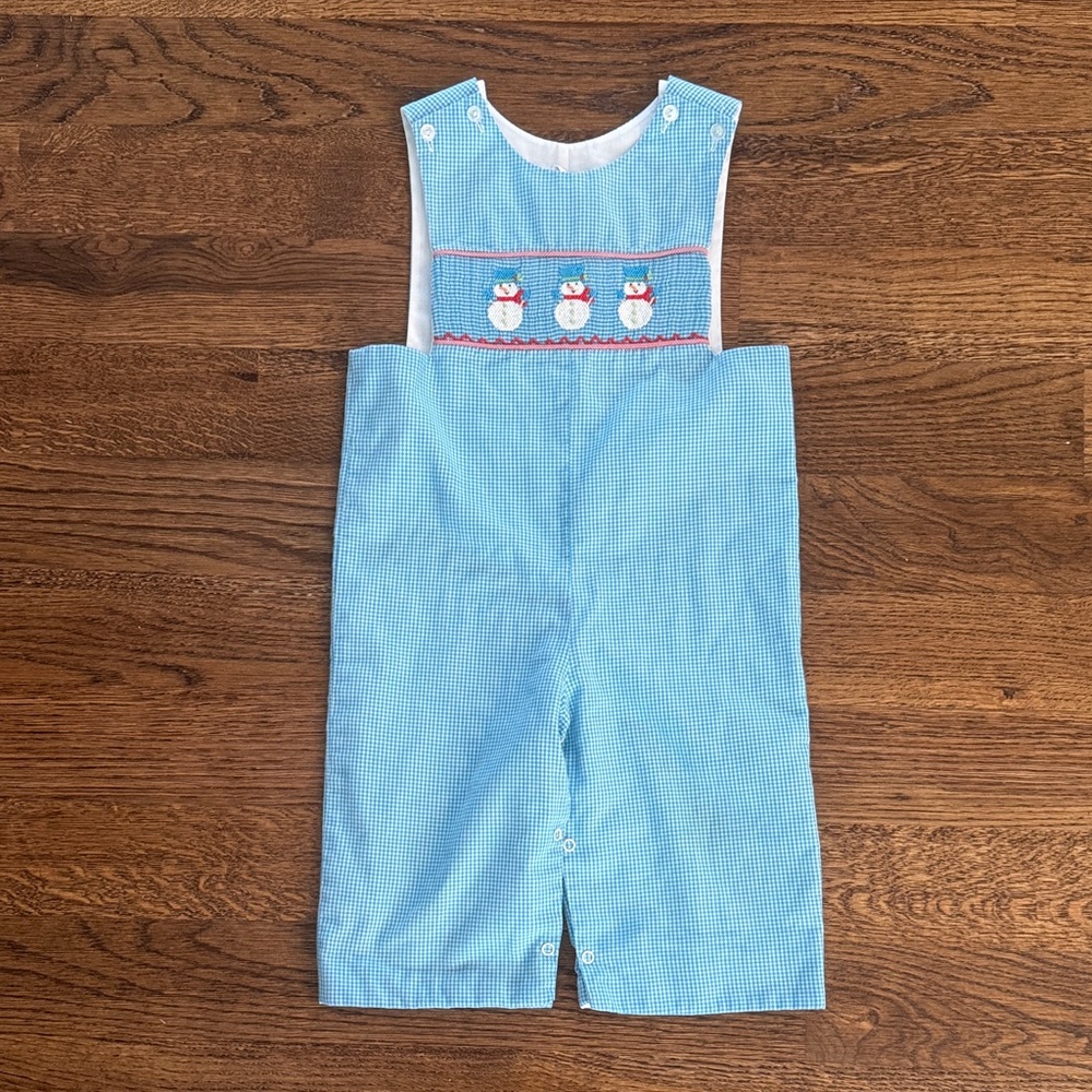 Blue Gingham Smocked Snowman Romper